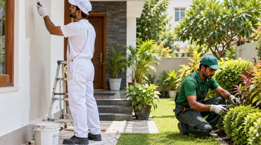 Painter and gardener working at a home