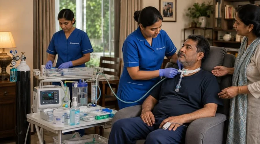 Trained caregiver providing tracheostomy care support at home
