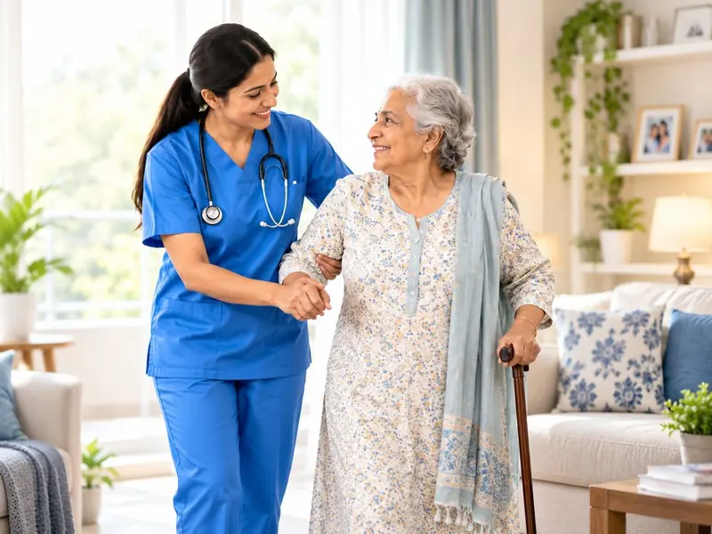 Home caregiver assisting an elderly person