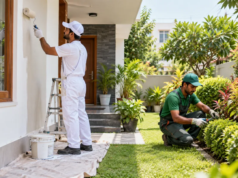 Painter and gardener working at a home