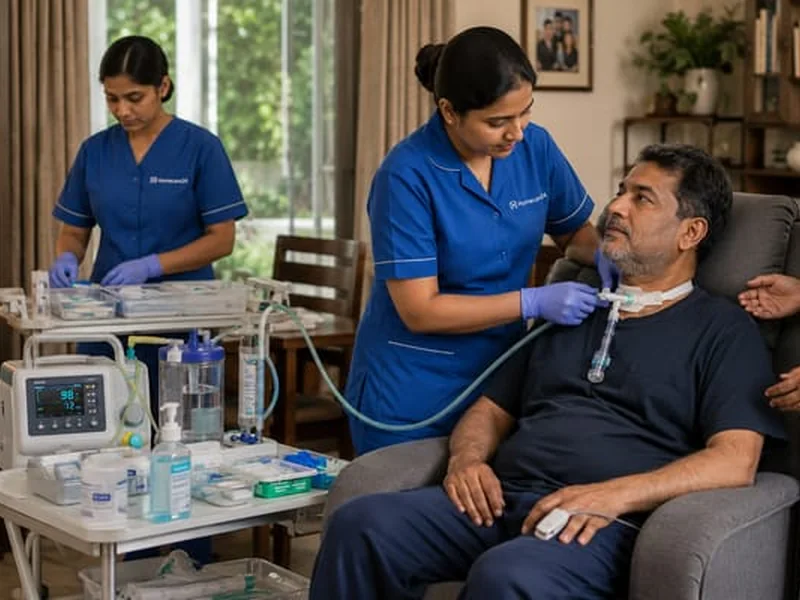 Trained caregiver providing tracheostomy care support at home